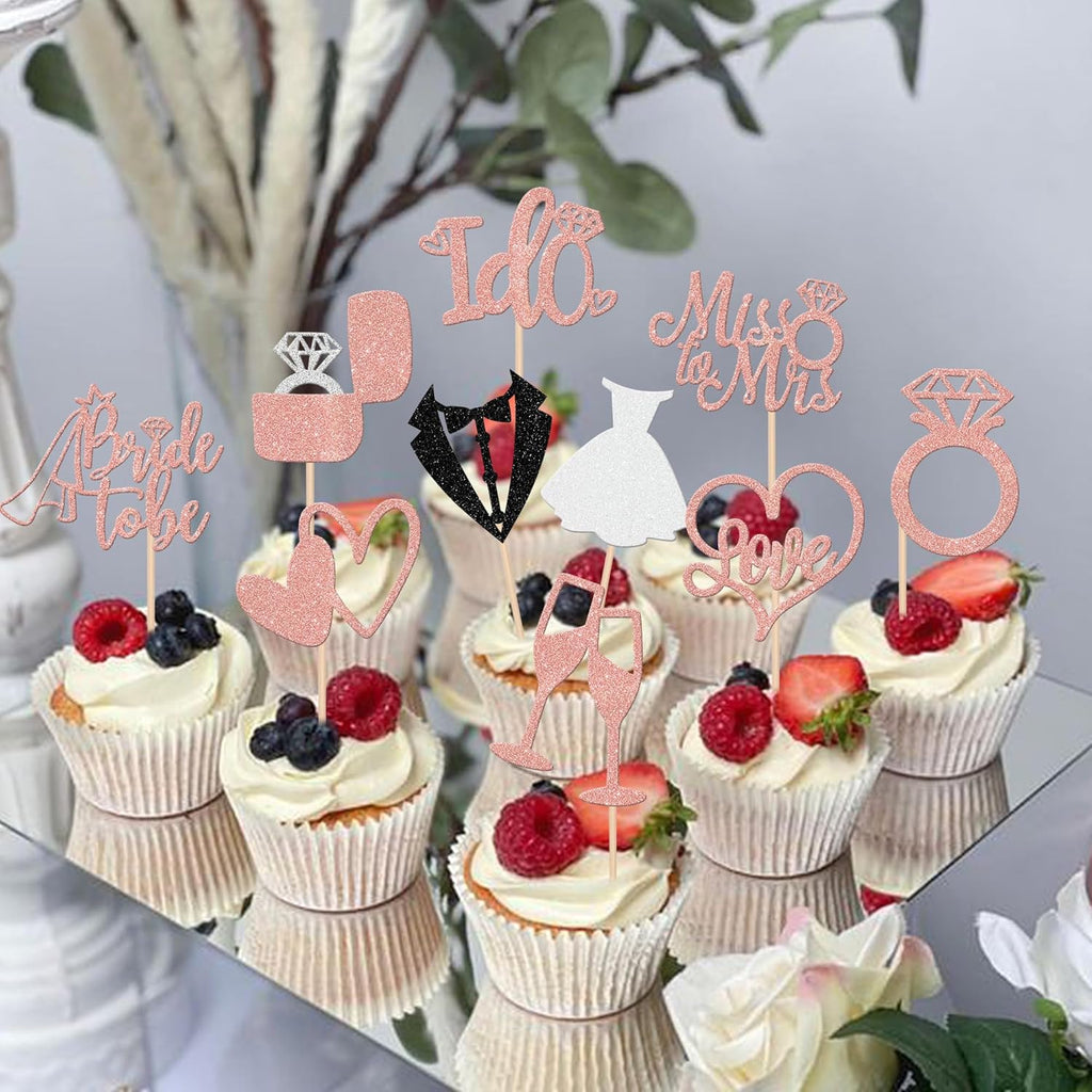 30 PCS Bride to Be Cupcake Toppers Glitter Miss to Mrs I Do Love Heart Ring Cupcake Picks Wedding Bridal Shower Cake Decorations for Wedding Engagement Bachelorette Party Supplies Rose Gold