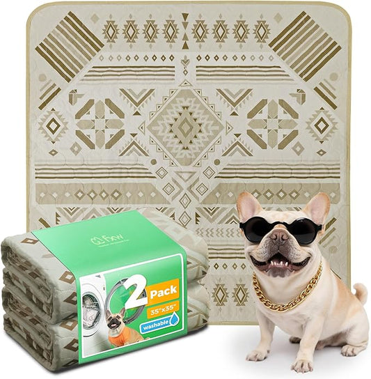 FXW Washable Pee Pads for Dogs, Puppy Pads with Super Absorbent, Specifically Designed for Potty Training, 35" Square, Khaki Geometric, 2 Packs-PawvioPets
