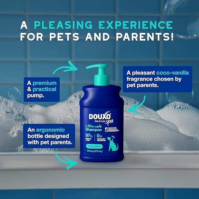 DOUXO® Skin & Coat SPA - Ultra-Safe Odor Control Dog Shampoo for Smelly Dogs, 16 fl oz, Cleans and Hydrates The Skin, Removes Odor, Leaves The Coat Soft and Smelling Great, Skin-Friendly Formula-PawvioPets