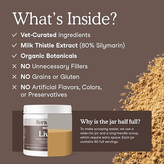 Fera Pets Liver Supplement for Dogs & Cats with Milk Thistle, Choline & Turmeric - Organic Botanicals - Enhances Liver Function, Immunity, Detoxification, & Metabolic Function - Powder - 60 Scoops-PawvioPets