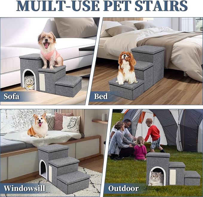 Dog Stairs for High Bed and Couch, 4 IN 1 Foldable Pet Stairs for Cats & Small and Medium Dogs, Adjustable Dog Steps with Pet Climbing Ladders/Cozy Condo/Storage Boxes/Cat Scratcher, Hold Up to 180LBS-PawvioPets