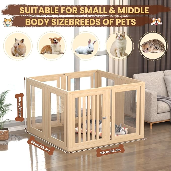 8 Panels Dog Playpen with Door, 23.6" H Pet Playpen Indoor, Clear Acrylic Puppy Playpens, Wooden Puppy Fence with Gate, Transparent Dog Pens, Pet Pen Indoor for Dogs, Cats, Rabbit, Small and Medium-PawvioPets
