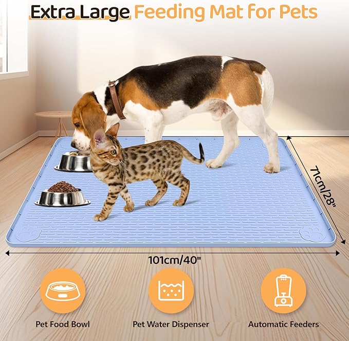 Dog Food Mat, Extra Large 40" x 28" Silicone Pet Feeding Mat with Raised Edge Pet Placemat for Small, Medium, and Large Pets Non-Slip, Easy to Clean (Blue)-PawvioPets