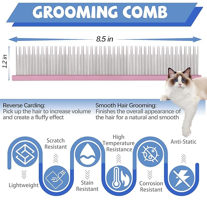 8.5 Inch Upgrade Pink Professional Pet Comb,Dual-Tooth Grooming Comb Anti-Static Smooth Rounded Corners Prevent Friction Breakage and Irritation,Long-Haired Cats and Dog Essential,Christmas Pet Gift-PawvioPets