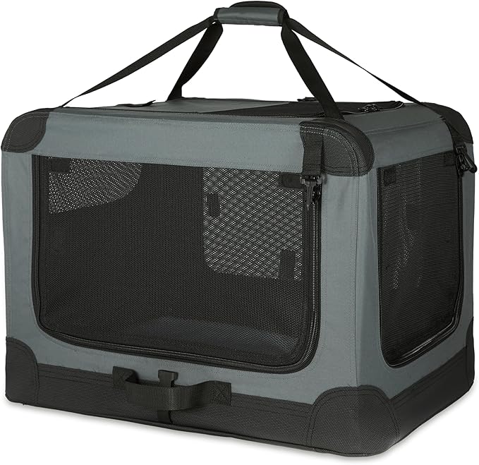 Amazon Basics 4-Doors Portable Soft-Sided Folding Travel Crate Kennel for cat, Dog, and Other Small Animals, Grey, S 26" x 18" x 18"-PawvioPets