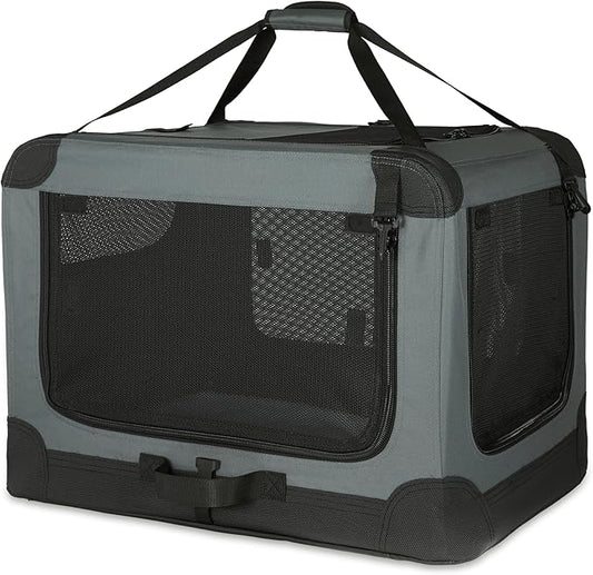Amazon Basics 4-Doors Portable Soft-Sided Folding Travel Crate Kennel for cat, Dog, and Other Small Animals, Grey, S 26" x 18" x 18"-PawvioPets