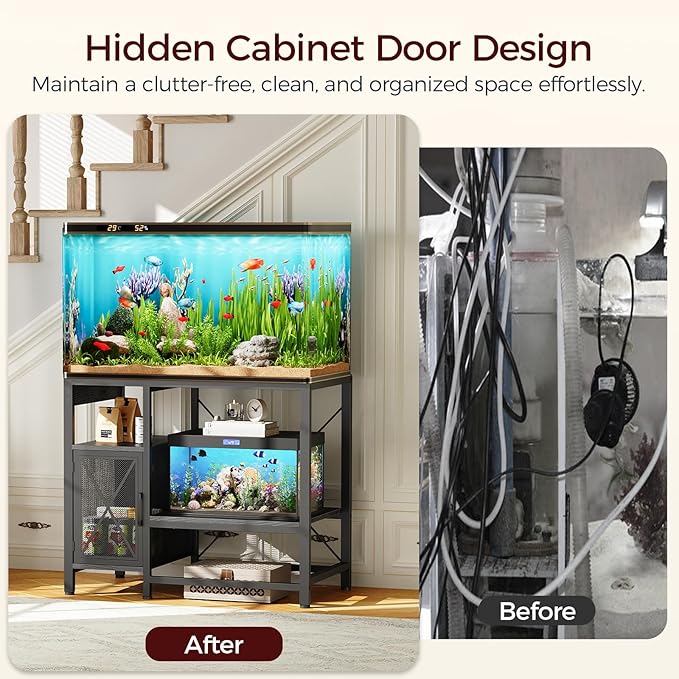 40-50 Gallon Fish Tank Stand, Aquarium Stand with Power Outlet and Storage Cabinet, Heavy Duty Tank Stand Suitable for Turtle Tank, Reptile Terrarium, for Home Office, Black FTBK50E01-PawvioPets