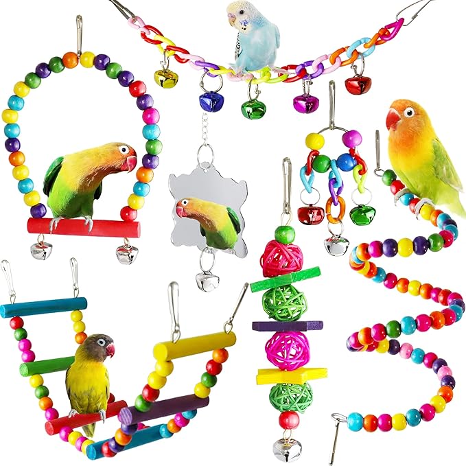 Bird Parakeet Cockatiel Toys, ESRISE Parrots Cage Hammock Swing Climbing Ladders Wooden Perch Chewing Toy for Budgerigar, Conures, Love Birds, Budgies-PawvioPets
