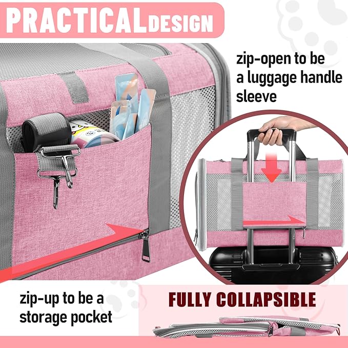 Cat Carrier 20lbs Top Open/Soft Sided Small Pet Dog Travel Carrying Crate/Collapsible Puppy Transport Carry Bag/Sturdy Pet Cages Chihuahuas Mini Dog 10lbs Pink-PawvioPets