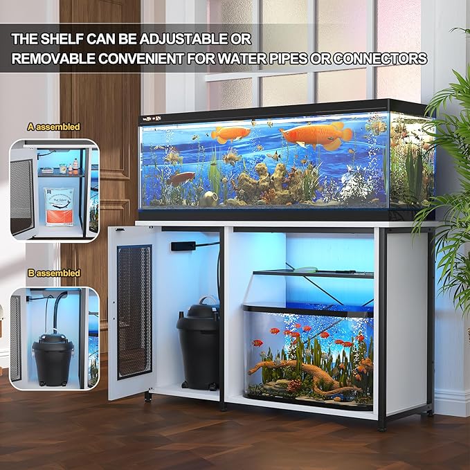 55-75 Gallon Fish Tank Stand with Power Outlets & LED Light, Reversible Heavy Duty Metal Aquarium Stand with Cabinet for Fish Tank Accessories Storage, Turtle/Reptile Terrariums, White-PawvioPets