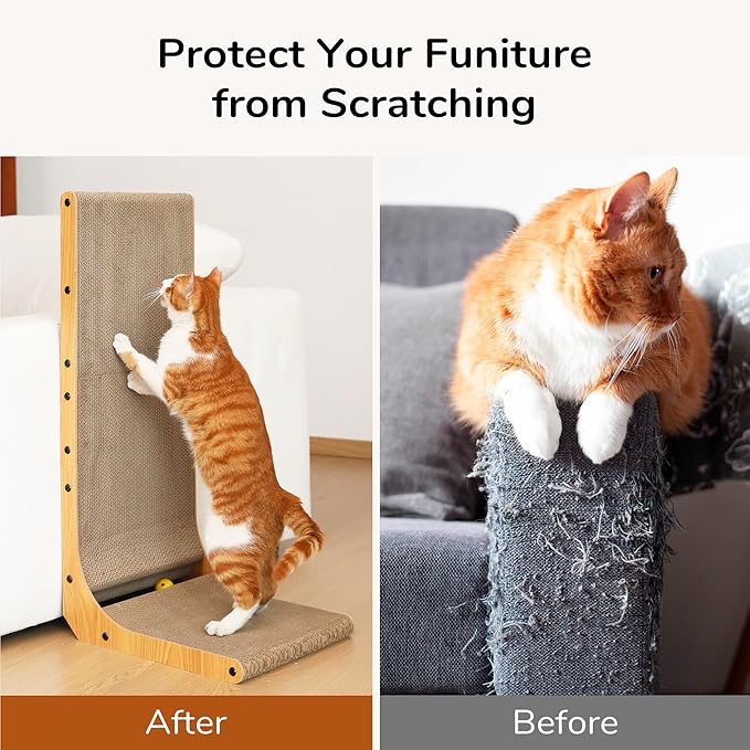 FUKUMARU Cat Scratcher, 32.7 Inch L Shape Cat Scratch Pad Wall Mounted, Cat Scratching Cardboard with Ball Toy for Indoor Cats, Extra Large-PawvioPets