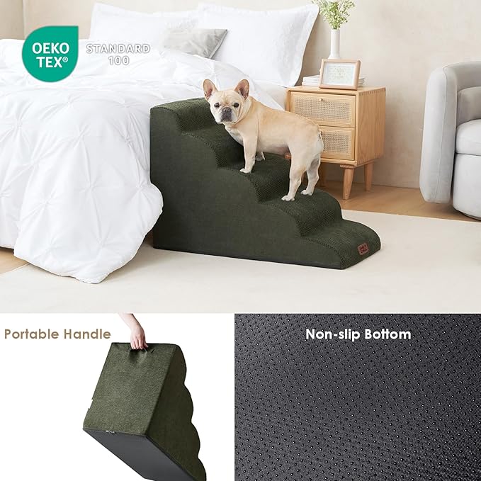 EHEYCIGA Curved Dog Stairs Ramp for High Beds 22.6" H, 5-Step Dog Steps for Small Dogs and Cats, Pet Stairs for High Bed Climbing, Non-Slip Balanced Pet Step Indoor, Olive Green-PawvioPets