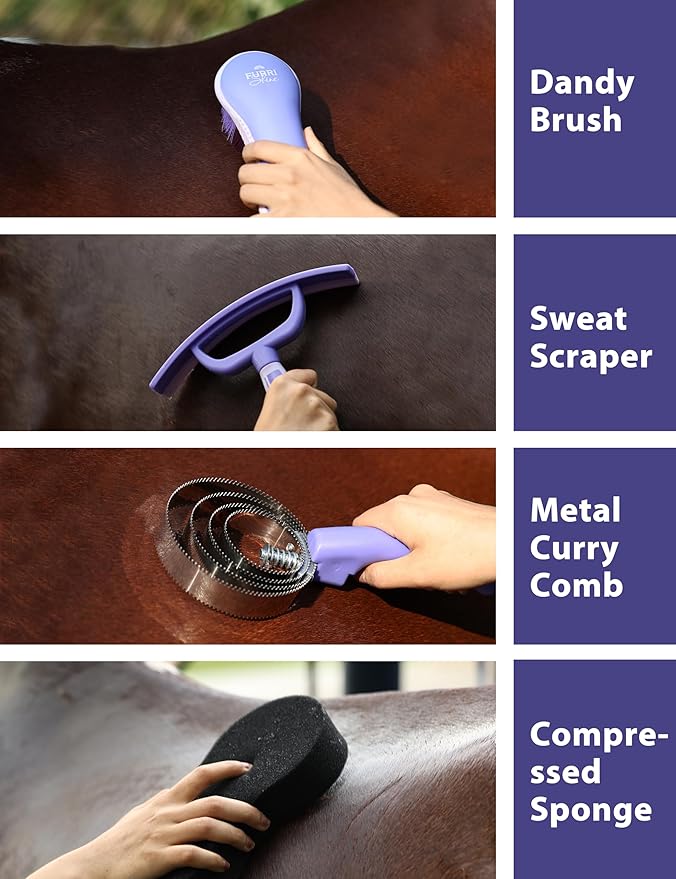 9PCS Horse Grooming Kit Curry Comb Sweat Scraper Horse Bathing Supplies Grooming Tools with Storage Bag Sugar Taro-PawvioPets