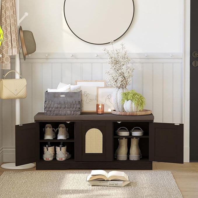 DINZI LVJ Shoe Bench, Entryway Storage Bench with Doors, Cushion, 2-Tier Shoe Rack with 6-Cubby, 39.4”L x 13.8”W Shoe Organizer Cabinet, Adjustable Shelf, Living Room, Bedroom, Espresso with Rattan-PawvioPets