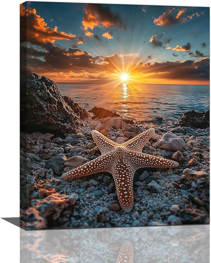 Beach Starfish Wall Decor Ocean Starfish Wall Art Sunset Scenery Coastal Theme Pictures Canvas Nature Seascape Painting Print Framed Artwork Decorations for Home Bathroom Living Room Bedroom Office 16"x20"-PawvioPets