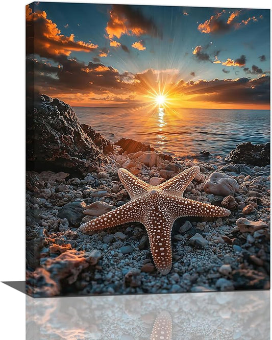 Beach Starfish Wall Decor Ocean Starfish Wall Art Sunset Scenery Coastal Theme Pictures Canvas Nature Seascape Painting Print Framed Artwork Decorations for Home Bathroom Living Room Bedroom Office 16"x20"-PawvioPets