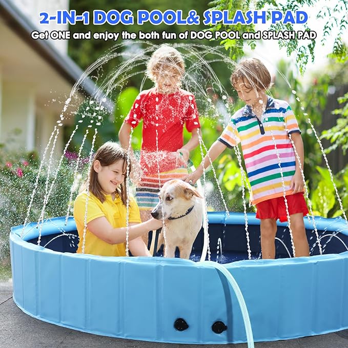 87" Large Dog Pool with Sprinkler, 2-in-1 Foldable Swimming Pool Non-Slip Hard Plastic Splash Sprinkler Kiddie Pool for Outdoor Backyard Kids Dogs Ducks and Pet Baths-PawvioPets