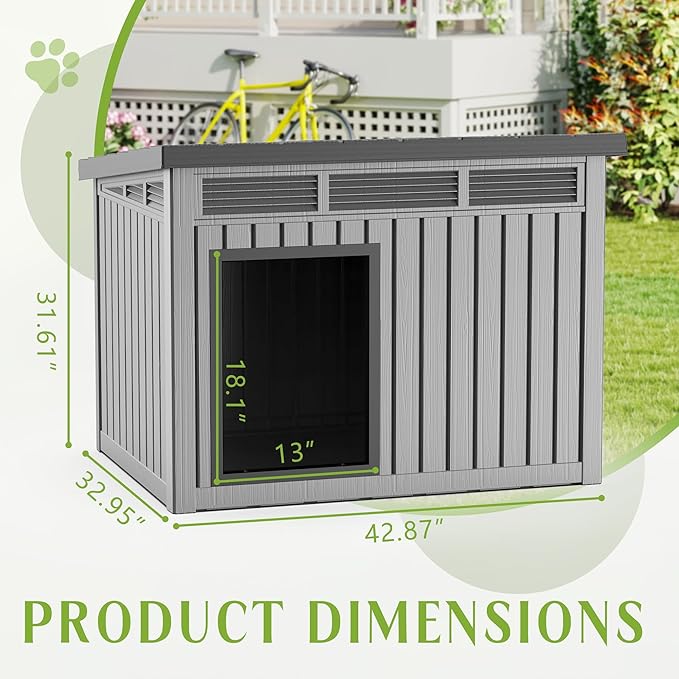Dog House Indoor Outdoor,Resin Waterproof Puppy Shelter with Air Vents and Elevated Floor,Air Rod on Top to Open,Dog Kennel for Small to Large Dogs(Grey,42.87 * 32.95 * 31.61)-PawvioPets