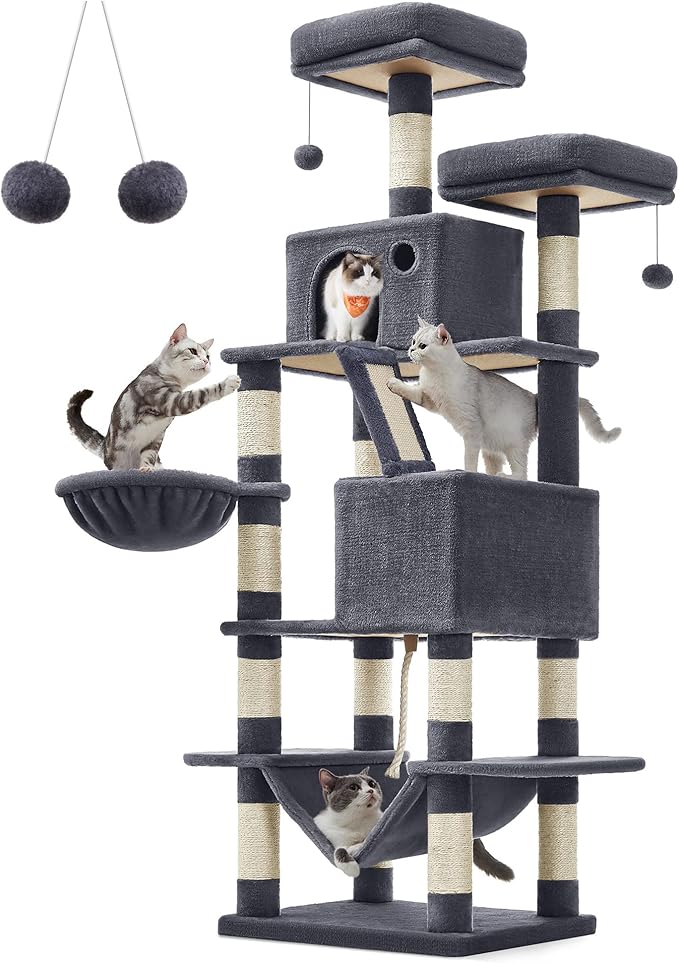 Feandrea Cat Tree, 66.1-Inch Large Cat Tower with 13 Scratching Posts, 2 Perches, 2 Caves, Basket, Hammock, Pompoms, Multi-Level Plush Cat Condo for Indoor Cats, Smoky Gray UPCT165G01-PawvioPets