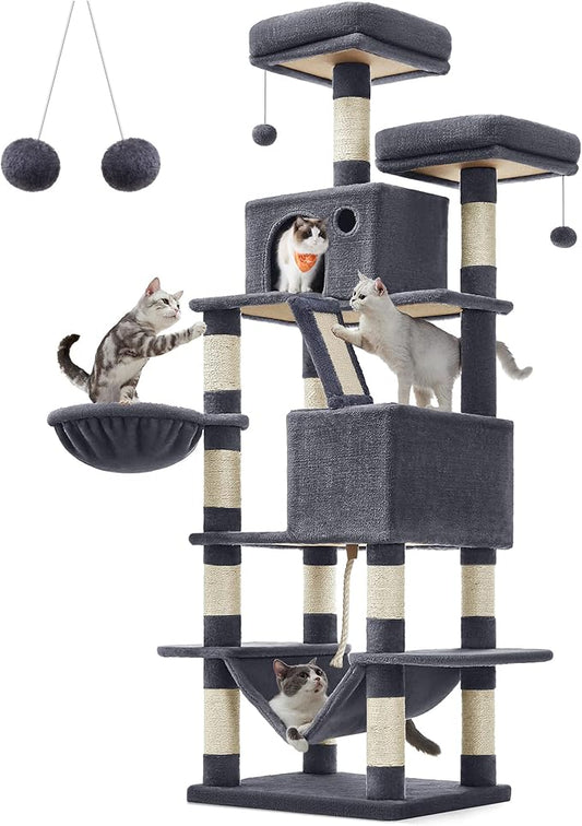 Feandrea Cat Tree, 66.1-Inch Large Cat Tower with 13 Scratching Posts, 2 Perches, 2 Caves, Basket, Hammock, Pompoms, Multi-Level Plush Cat Condo for Indoor Cats, Smoky Gray UPCT165G01-PawvioPets