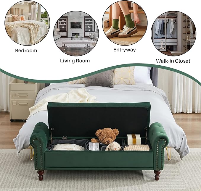 58.1'' Storage Bench Upholstered Velvet End of Bedroom Bed Bench Ottoman with Tufted Cushioned Rolled Arm Large Storage Space for Reading Living Room Entryway,Dark Green-PawvioPets