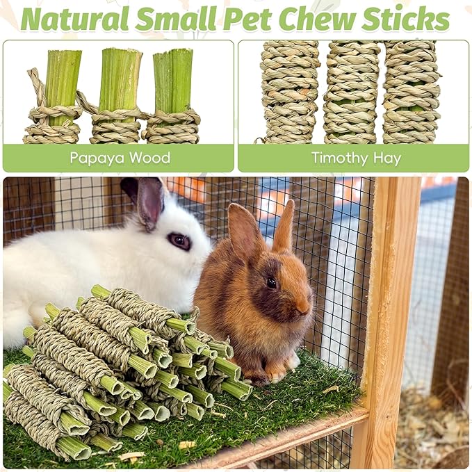 Fhiny 24 PCS Rabbit Chew Sticks, Natural Papaya Wood Seagrass Guinea Pig Chew Toys for Teeth Small Animal Molar Sticks Snacks for Bunny Guinea Pig Chinchilla Ferret Hamster Gerbil Dental Care-PawvioPets