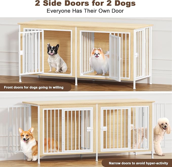 EasyCom 63" Dog Cage Furniture for 2 Pets with Divider, XL Wooden Double Dog Crate Furniture TV Stand for Mideum Breed, Durable and Sturdy-PawvioPets