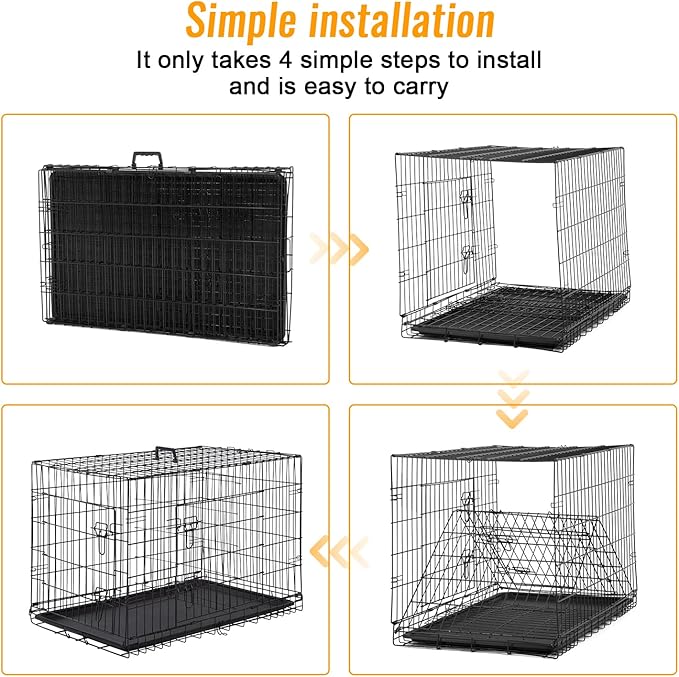 FDW Dog Crate for Medium Dogs 30 Inch Folding Metal WirePet Cage Double Door W/Divider Panel Indoor Outdoor Kennel Leak-Proof Plastic Tray,Black-PawvioPets