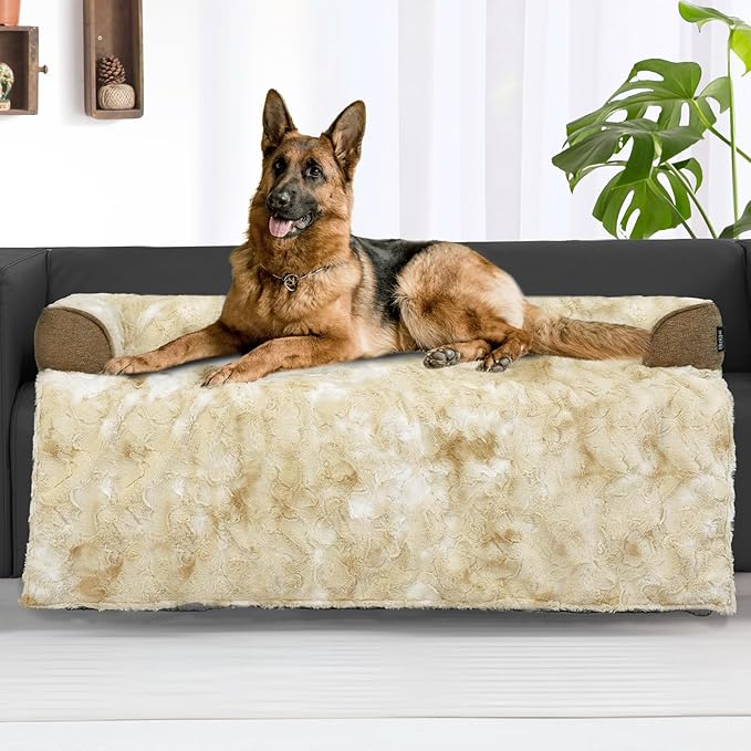 Calming Extra Large Dog Couch Bed, 45 x 37 inch Waterproof Removable Pet Mat Couch Cover for Furniture Protector, Non-Slip Fluffy Pelsbarn Dog Bed for Couch, Sofa, Car - Tie-Dye Khaki-PawvioPets