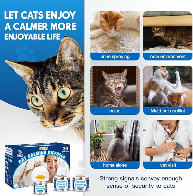 Cat Calming Pheromones Diffuser: 3-in-1 Kit Cat Appeasing Pheromone Diffuser to Calm (1 Plugin+2x48ml Refills) for Comfort Reduces Stress Anxiety, Long-Lasting Appeasing Pheromone for Pet Cat (3in1)-PawvioPets