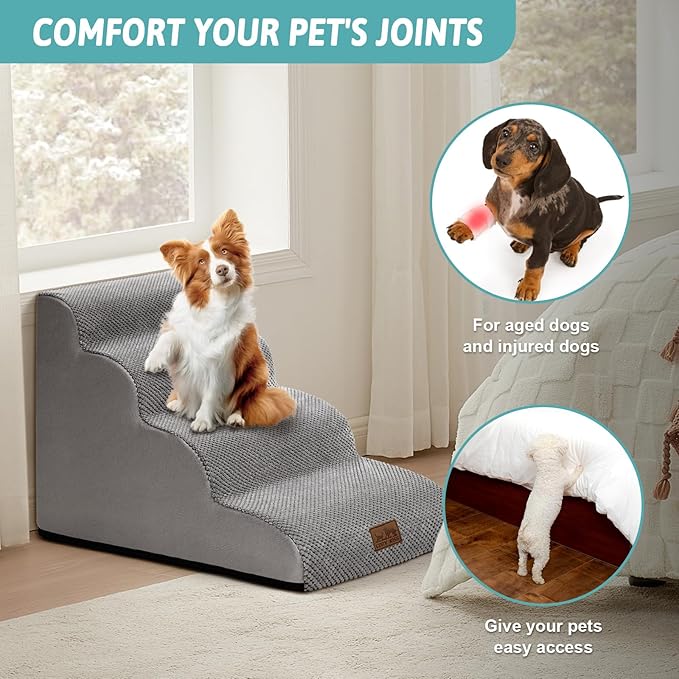 Dog Stairs for Small Dogs 19.7" H, Curved Dog Step for Puppy, Older or Cat, Medium Pet Ramp for Sofa, Couch or Bed, Ladder with High Density Foam, 15.7x28.3x19.7 inch, 4 Step, Grey-PawvioPets