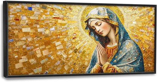 Extra Large Virgin Mary Framed Wall Art for Living Room,Oversized Golden Christian Religious Pictures Wall Decor,Canvas Print Painting Modern Artwork Bedroom Office Bathroom 60L" x 30W"-PawvioPets