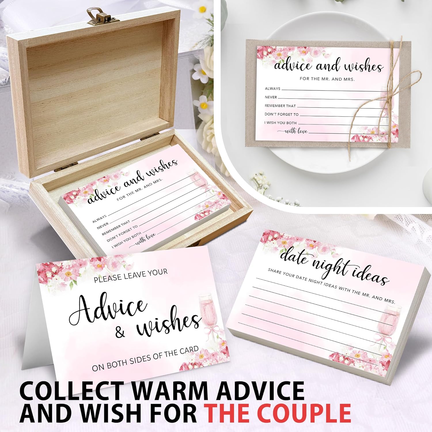 50 Pcs Advice and Wishes for the Mr and Mrs Cards in Box - Bridal Shower Guest Book - Perfect for Newlywed Games, Reception Decor, Engagement Parties & Anniversary Wishes(Champagne) - B02