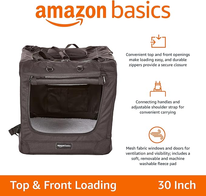 Amazon Basics Folding Portable Soft Pet Dog Crate Carrier Kennel, 30 x 21 x 21 inches, Black-PawvioPets