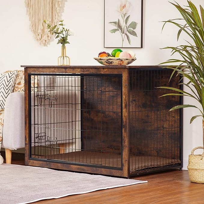 DWANTON Dog Crate Furniture with Cushion, Wooden Kennel Table with Double Doors, Indoor Dog House, Extra Large Size, 43.3" L, Rustic Brown-PawvioPets