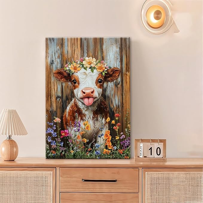 Funny Cow Bathroom Pictures Wall Art, Rustic Brown Cute Cow Bathroom Wall Decor, Farmhouse Floral Framed Painting Animal Flower Canvas Artwork for Bedroom Living Room Decorations 24"L x 16"W-PawvioPets