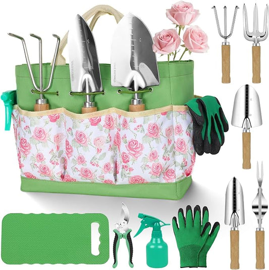Garden Tool Set,10 Piece Garden Kit,Heavy Duty Stainless Steel Gardening Hand Tools with Durable Storage Tote,Rust-Proof Garden Tools,Gardening Gifts for Women Men Pink Floral Pattern Design-PawvioPets