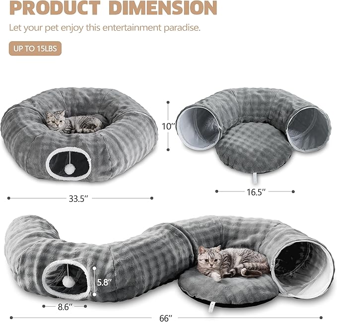 Bubble Cat Tunnel for Indoor Cats, Round Peekaboo Cave Toy with Dangling Balls, Donut Tunnel Bed with Circle Mat for Puppy Kitten Rabbit, Grey-PawvioPets