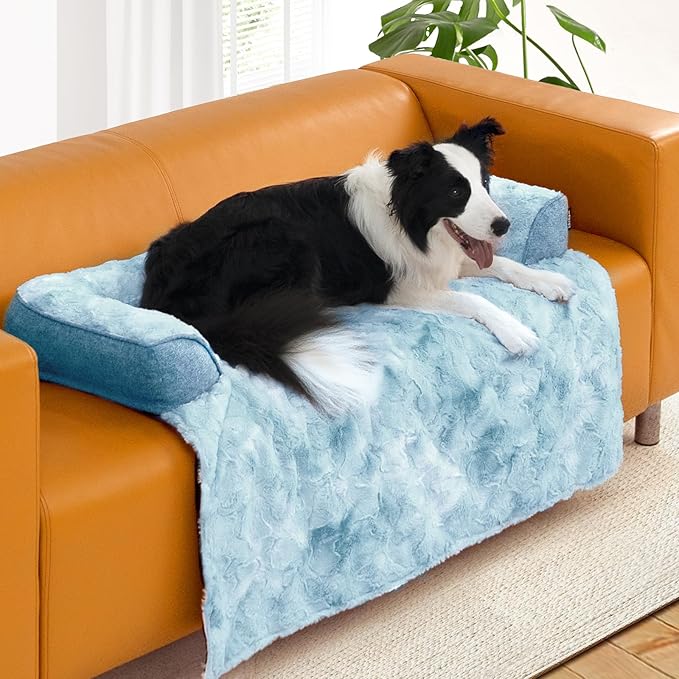 Calming Dog Couch Bed for Large Dogs, 41 x 37 inch Waterproof Removable Pet Mat Couch Cover for Furniture Protector, Non-Slip Fluffy Pelsbarn Dog Bed for Couch, Sofa, Outdoor - Tie-Dye Blue-PawvioPets