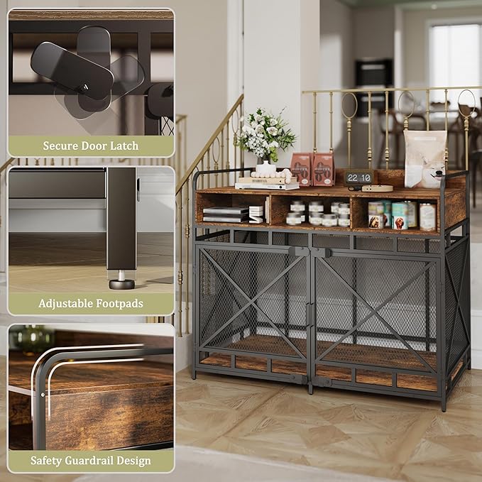 Dog Crate Furniture, 48" Heavy Duty Wooden Dog Crate End Table, XL Dog Kennel Furniture Large Breed, Decorative Dog Kennel Indoor with 3 Drawers & Steel Tubes 48" L x28 W x38 H (Rustic Brown)-PawvioPets