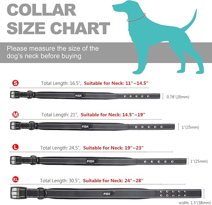 Fida Heavy Duty Dog Collar 1.5” Width, Ultra Soft Neoprene Padded, Adjustable Reflective Nylon Pet Collar with Two Metal Pin Belt Buckle for Large/X-Large Breeds (XL, Black)-PawvioPets
