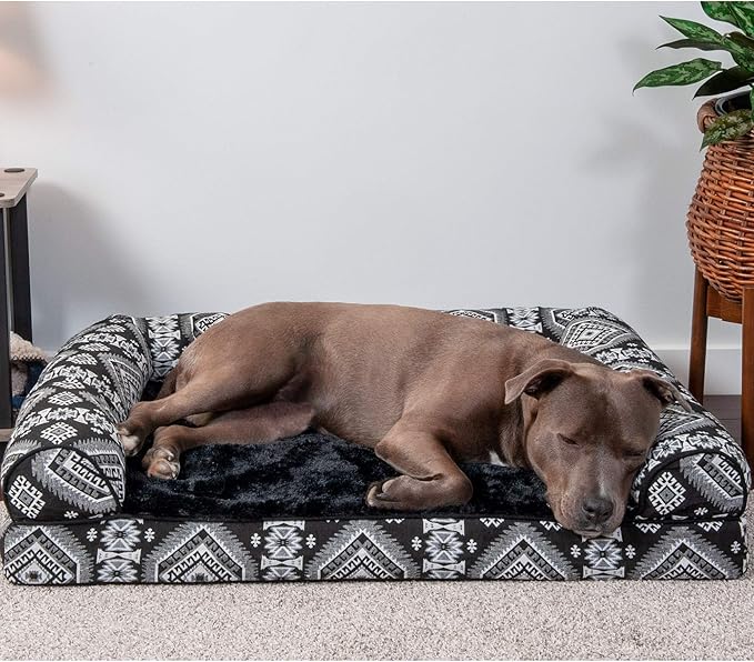 Furhaven Orthopedic Dog Bed for Large/Medium Dogs w/ Removable Bolsters & Washable Cover, For Dogs Up to 55 lbs - Plush & Southwest Kilim Woven Decor Sofa - Black Medallion, Large-PawvioPets