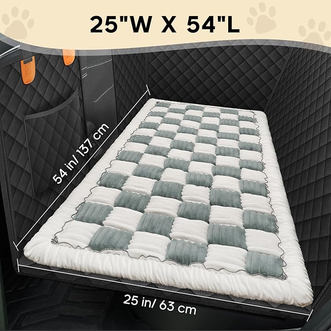 Backseat Pet Bed Mat, Non-Slip Plaid Dog Bed for Car Back Seat, Flannel Backseat Dog Bed, Fit for Backseat Extenders and Trucks SUVs (Bluegrey&White, 24.8x54 inch)-PawvioPets