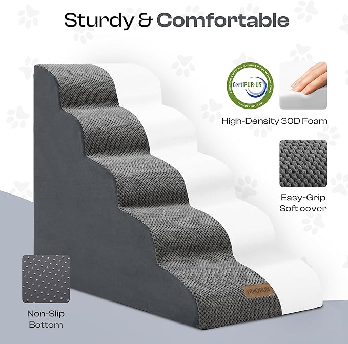 Dog Stairs for High Beds Up to 30", Extra-Tall 24.5" 5-Step Foam Pet Ramp with Washable Cover, Gentle Slope Steps, Bed & Couch Ladder for Small Medium Dogs & Senior Cat, Puppy Climbing Stairs-PawvioPets