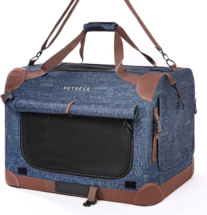 Extra Large Cat Carrier Soft Sided, Portable Small Dog Carrier for 2 Cats, 24"x16.5"x16" Car Travel Folding Comfortable Design, Navy-PawvioPets