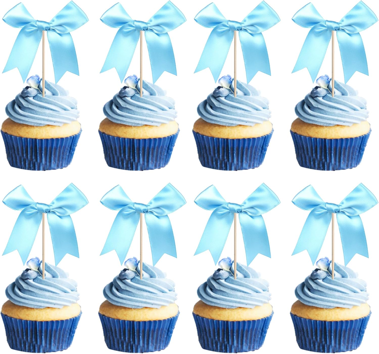 24 PCS Bow Cupcake Toppers Bowknot Cake Toppers Bow Girls Birthday Cake Decorations Bow Cake Dessert Picks Bowknot Cupcake Picks for Baby Shower Birthday Wedding Bridal Engagement Party Supplies Blue