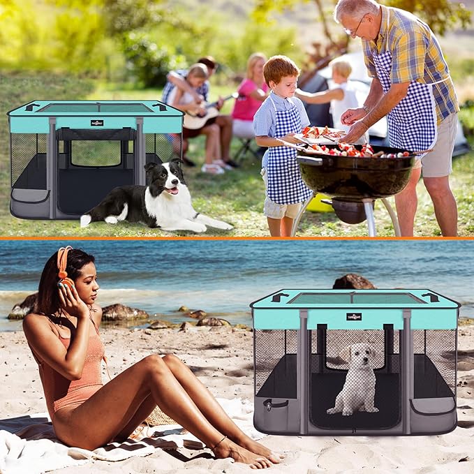 Foldable Pet Kitten Playpen, Waterproof Portable Pet Cat Dog Playpen Kennel Tent for Small Dog Cat, Removable Shade Cover, Come with Free Carrying Case, Indoor Outdoor Use for Small Animals, BlackTeal-PawvioPets