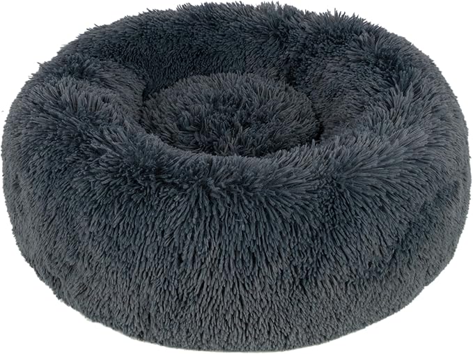Best Pet Supplies Round Donut Dog Bed with Plush Faux Fur Fabric, Calming, Anti-Anxiety Cushion for Indoor Pets, Slip-Resistant Base, Soft Ergonomic Support - Gray, 27x27x7.5''-PawvioPets