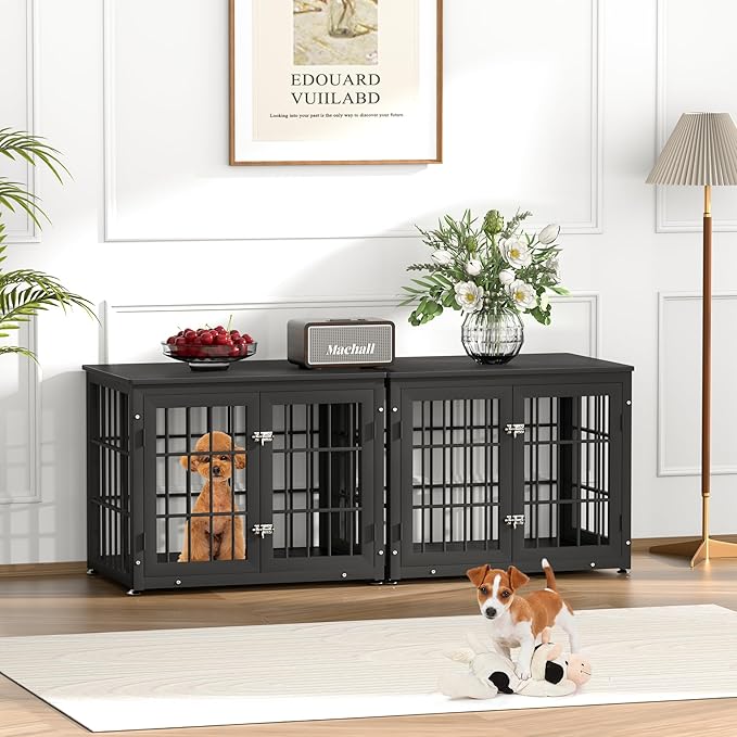 32 Inch Heavy Duty Dog Crate Furniture for Medium and Small Dogs, Decorative Pet House End Table, Wooden Cage Kennel Furniture Indoor, Black-PawvioPets