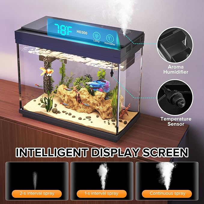Fish Tank, 2.4 Gallon Fish Aquarium, Fish Tank Starter kit with Smart Humidifier, Temperature Display, 7-Color Lighting, 3 in 1 Quiet Pump with Filteration & Oxygenation & Circulation-PawvioPets